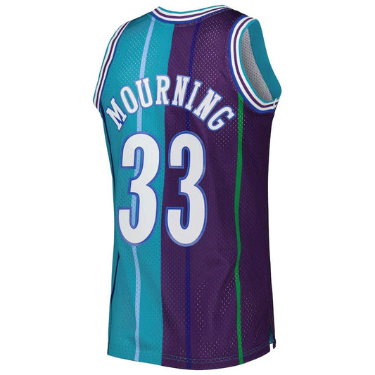 C.Hornets #33 Alonzo Mourning Mitchell & Ness Hardwood Classics 1992-93 Split Swingman Jersey Teal Purple Stitched American Basketball Jersey