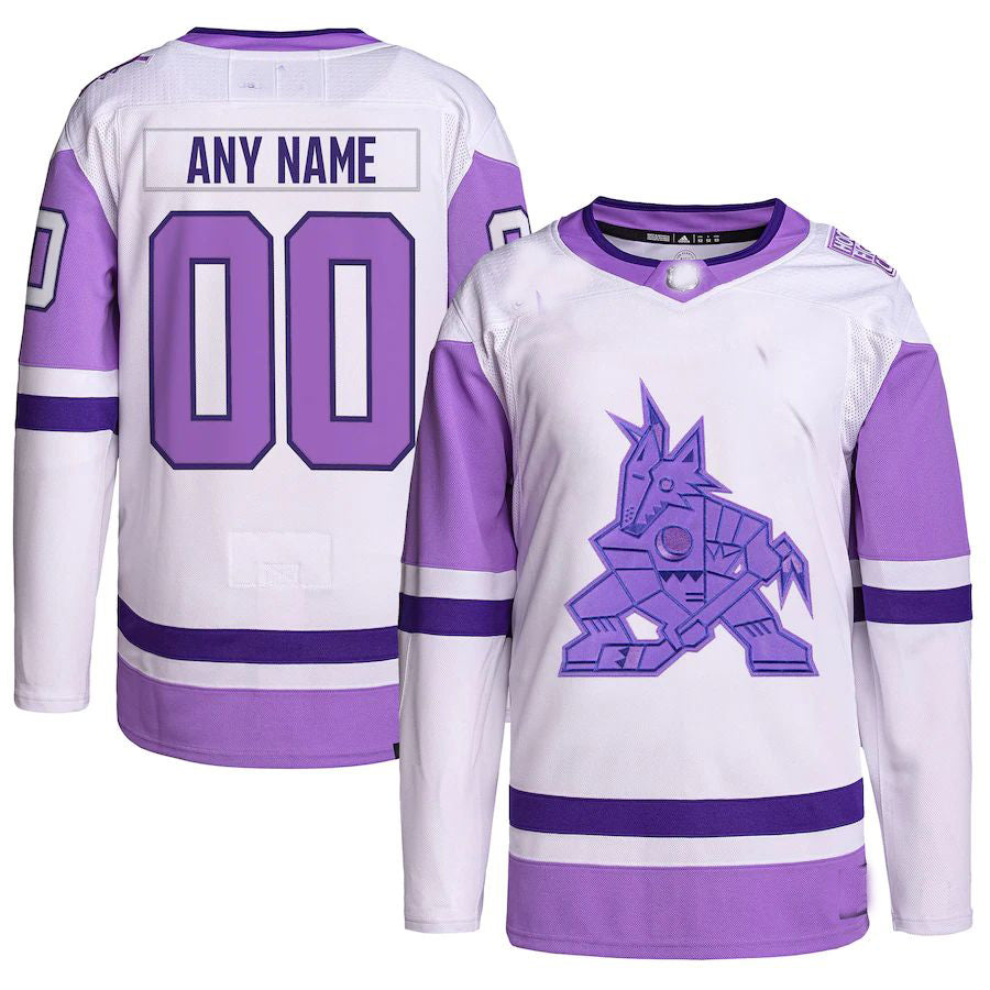 Custom A.Coyotes Hockey Fights Cancer Primegreen Authentic Jersey White Purple Stitched American Hockey Jerseys CROVYIE