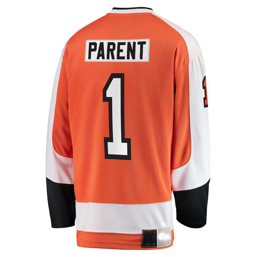P.Flyers #1 Bernie Parent Fanatics Branded Premier Breakaway Retired Player Jersey  Orange Stitched American Hockey Jerseys CROVYIE