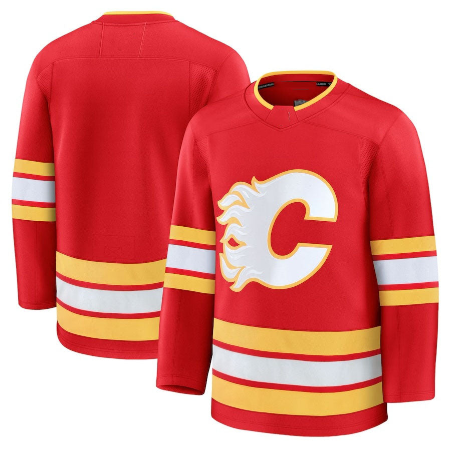 C.Flames Fanatics Home Premium Jersey - Red Stitched American Hockey Jerseys CROVYIE
