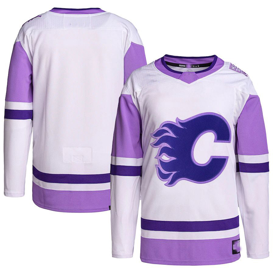 C.Flames Hockey Fights Cancer Primegreen Authentic Blank Practice Jersey White Purple Stitched American Hockey Jerseys CROVYIE