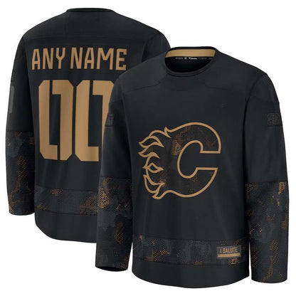 Custom C.Flames Fanatics 2024 Military Appreciation Personalized Long Sleeve Practice Jersey - Black Stitched American Hockey Jerseys CROVYIE
