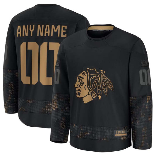 Custom C.Blackhawks Fanatics 2024 Military Appreciation Personalized Long Sleeve Practice Jersey - Black Stitched American Hockey Jerseys CROVYIE