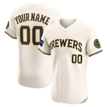 Custom Milwaukee Brewers Home Elite Sponsor Patch Jersey ¨C Cream Stitched Baseball Jersey
