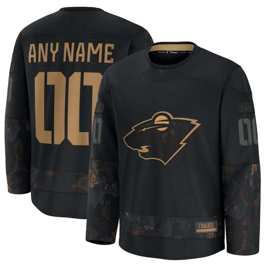 Custom M.Wild Fanatics 2024 Military Appreciation Personalized Long Sleeve Practice Jersey - Black Stitched American Hockey Jerseys CROVYIE