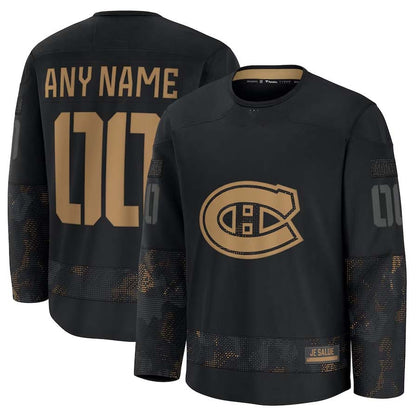 Custom M.Canadiens Fanatics 2024 Military Appreciation Personalized Long Sleeve Practice Jersey - Black Stitched American Hockey Jerseys CROVYIE