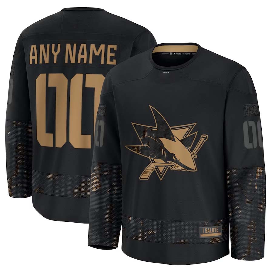 Custom SJ.Sharks Fanatics 2024 Military Appreciation Personalized Long Sleeve Practice Jersey - Black Stitched American Hockey Jerseys CROVYIE
