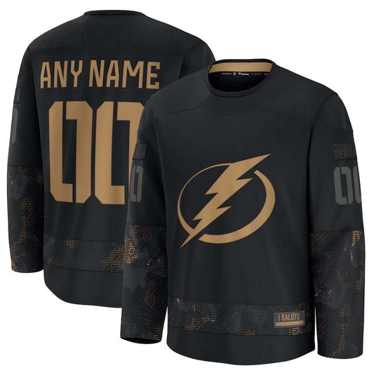 Custom TB.Lightning Fanatics 2024 Military Appreciation Personalized Long Sleeve Practice Jersey - Black Stitched American Hockey Jerseys CROVYIE