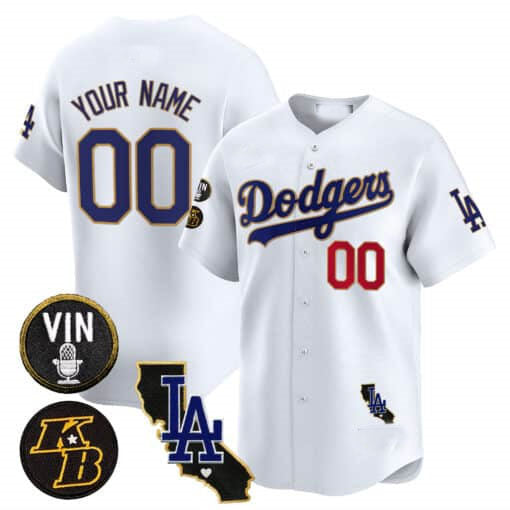 Custom Los Angeles Dodgers Vin Patch & Kobe Bryant Gold Trim Vapor Premier Limited V2 ¨C All Stitched Baseball Jersey