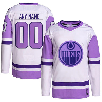 Custom E.Oilers Hockey Fights Cancer Primegreen Authentic White Purple Stitched American Hockey Jerseys CROVYIE