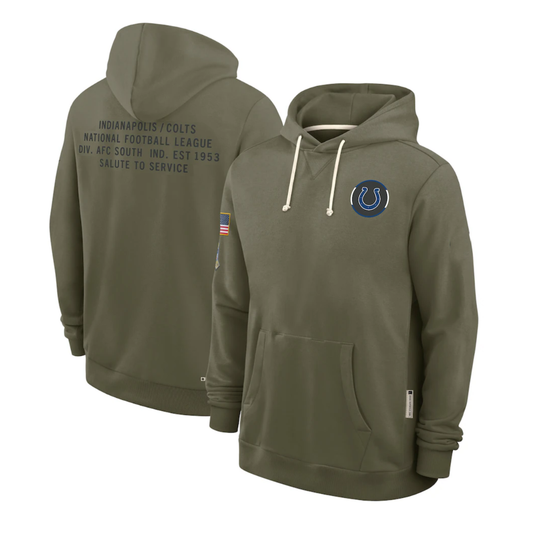 IN.Colts Olive 2025 Salute to Service Sideline Standard Issue Dri-FIT Hoodie Stitched American Football Jerseys