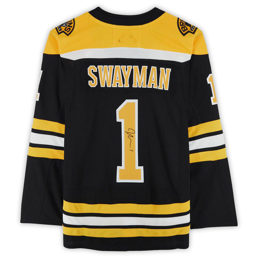 B.Bruins #1 Jeremy Swayman Fanatics Authentic Autographed Home Authentic Jersey Black Stitched American Hockey Jerseys CROVYIE