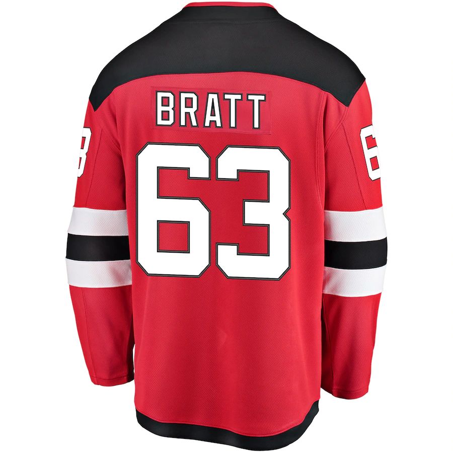 NJ.Devils #63 Jesper Bratt Fanatics Branded Home Breakaway Player Jersey Red Stitched American Hockey Jerseys CROVYIE