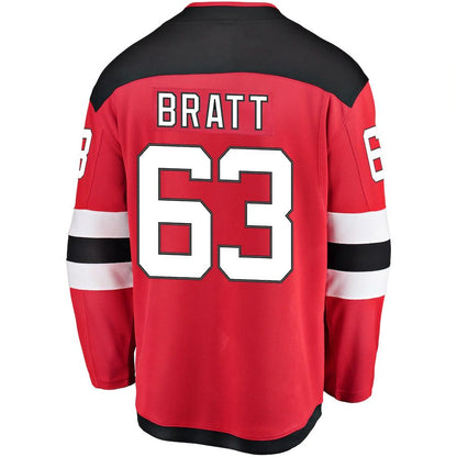 NJ.Devils #63 Jesper Bratt Fanatics Branded Home Breakaway Player Jersey Red Stitched American Hockey Jerseys CROVYIE