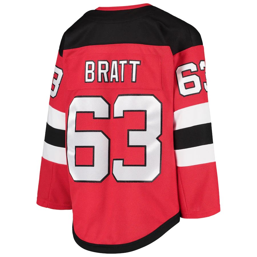 NJ.Devils #63 Jesper Bratt Home Premier Player Jersey Red Stitched American Hockey Jerseys CROVYIE