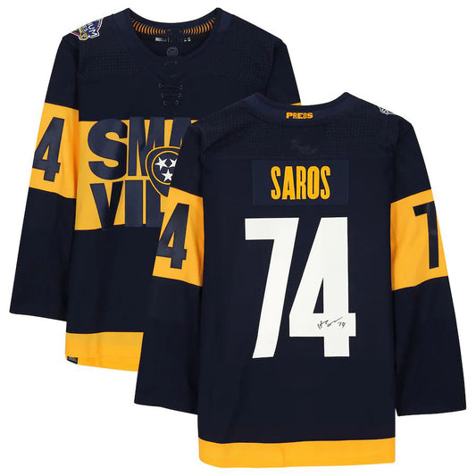 N.Predators #74 Juuse Saros Fanatics Authentic Autographed 2022 Stadium Series Jersey Navy Stitched American Hockey Jerseys CROVYIE