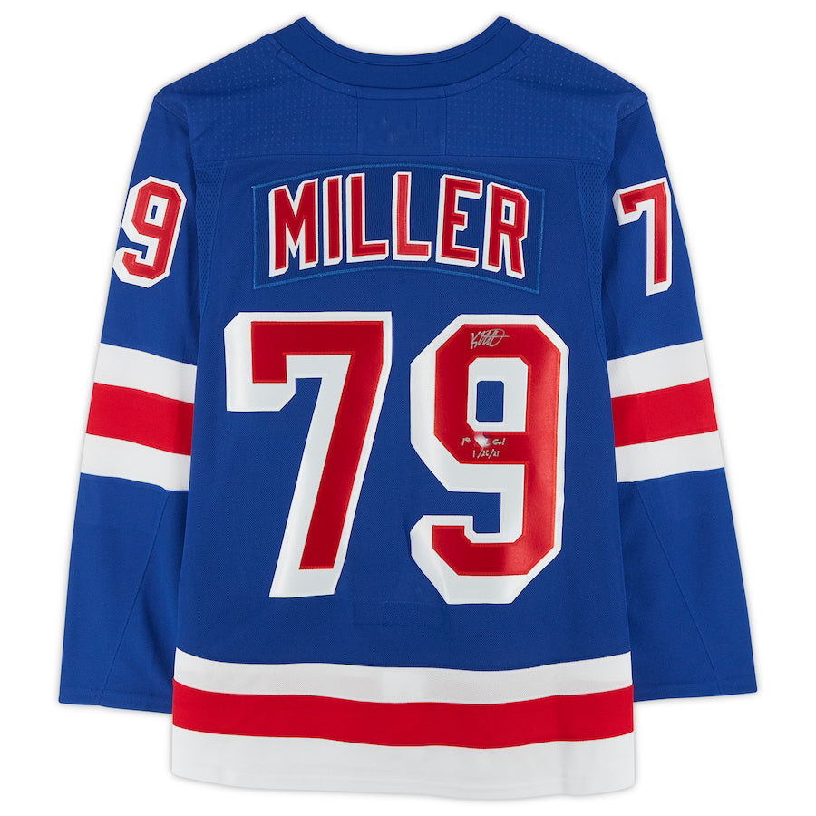 NY.Rangers #79 K'Andre Miller Fanatics Authentic Autographed with 1st Goal 1-26-21 Inscription Blue Stitched American Hockey Jerseys CROVYIE