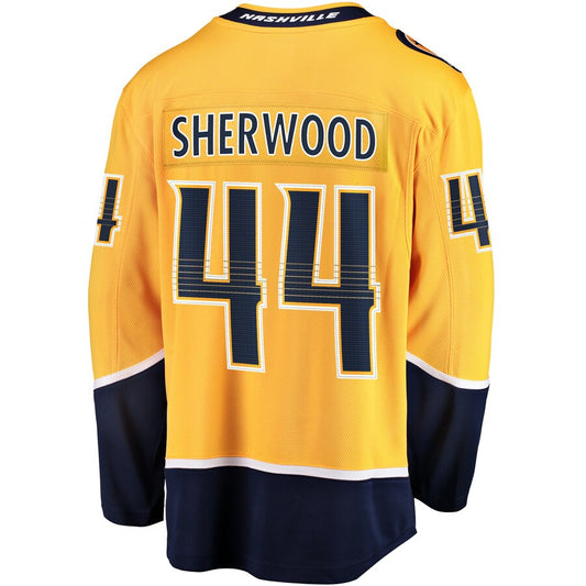N.Predators #44 Kiefer Sherwood Fanatics Branded Home Breakaway Player Jersey  Gold Stitched American Hockey Jerseys CROVYIE