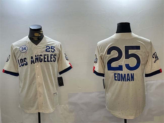 Los Angeles Dodgers #25 Tommy Edman Cream 2024 World Series With No. 34 Patch City Connect Limited Stitched Baseball Jersey