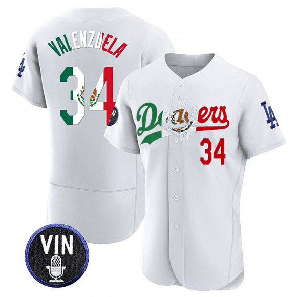 Los Angeles Dodgers #34 Fernando Valenzuela White Mexico Special Vin Scully Patch Flex Base Stitched Baseball Jersey