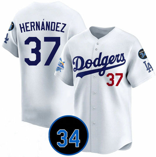 Los Angeles Dodgers #37 Teoscar Hernandez White 2024 World Champions & Fernando Memorial Patch Vapor Premier Home Limited Stitched Baseball Jersey