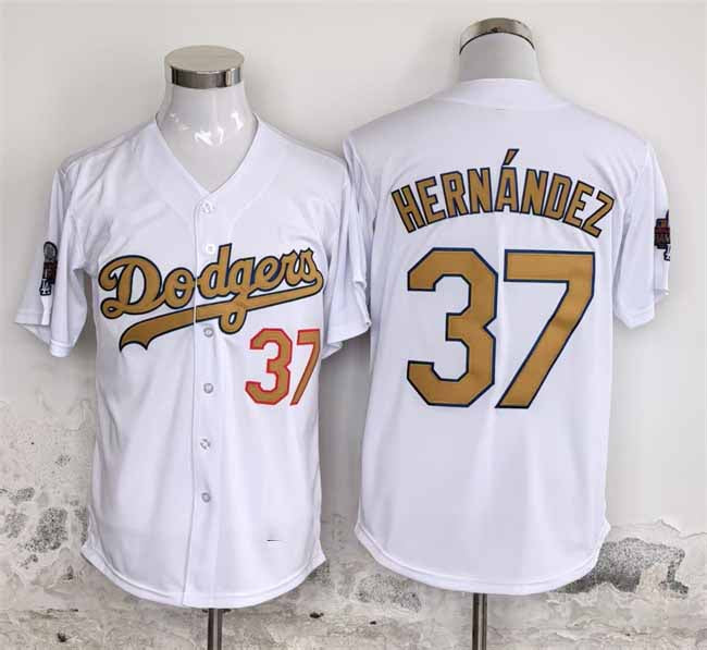 Los Angeles Dodgers #37 Teoscar Hern¡§¡éndez White Gold 2025 Cool Base Stitched Baseball Jersey