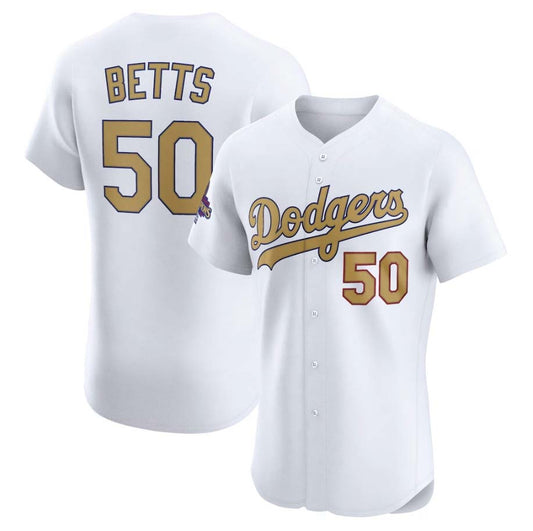 Los Angeles Dodgers #50 Mookie Betts White 2025 Gold Collection Elite Stitched Baseball Jersey