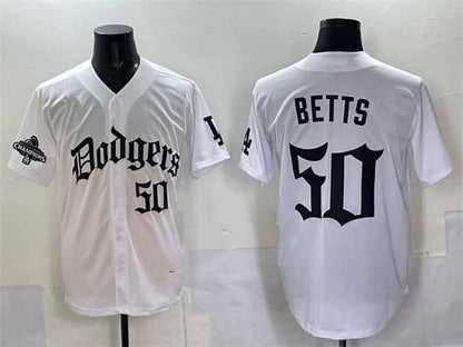 Los Angeles Dodgers #50 Mookie Betts White 2025 LA Gothic Style With 2024 World Series Champions Patch Vapor Premier Limited Stitched Baseball Jersey