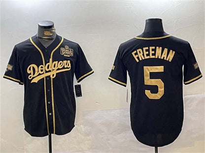 Los Angeles Dodgers #5 Freddie Freeman Black Gold 2024 World Series Patch And Champions Patch Cool Base Stitched Baseball Jersey