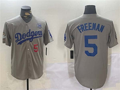 Los Angeles Dodgers #5 Freddie Freeman Gray 2024 World Series With No. 34 Patch Limited Stitched Baseball Jersey