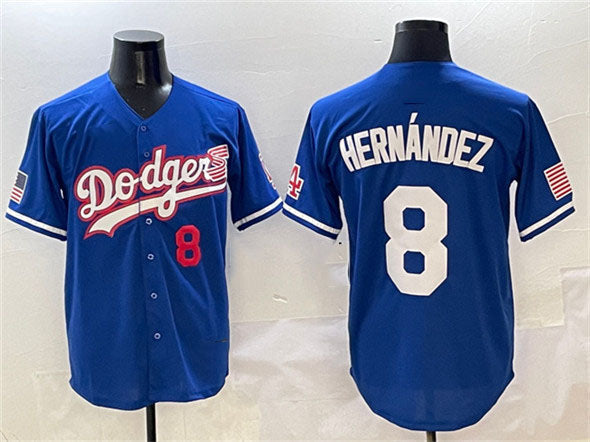 Los Angeles Dodgers #8 Enrique Hern¨¢ndez Royal With American Flag Patch Limited Stitched Baseball Jersey