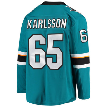 SJ.Sharks #65 Melker Karlsson Fanatics Branded Breakaway Home Player Jersey  Teal Stitched American Hockey Jerseys CROVYIE