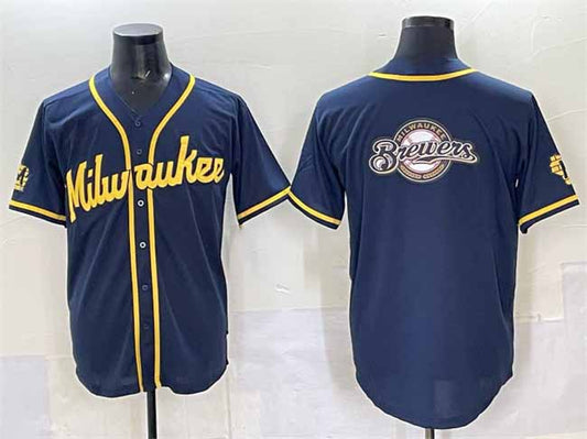 Milwaukee Brewers Team Big Logo Navy 2025 With Patch Stitched Baseball Jersey