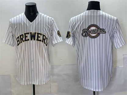 Milwaukee Brewers Team Big Logo White Pinstripe 2025 With Patch Stitched Baseball Jersey