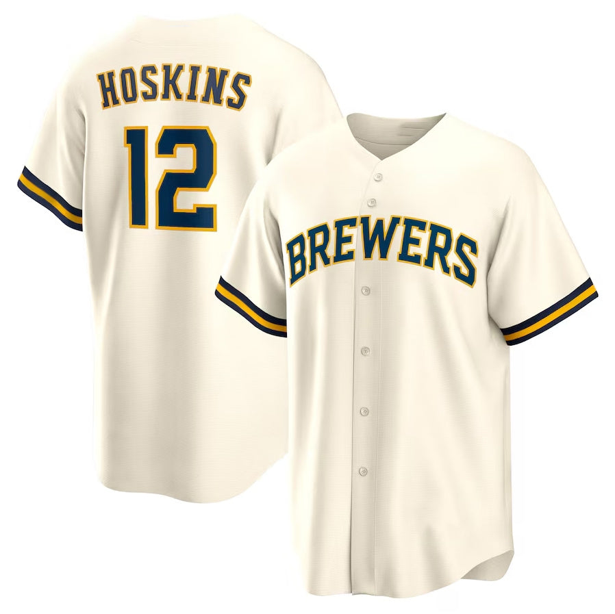 Milwaukee Brewers #12 Rhys Hoskins Home Replica Player Jersey - Cream Stitched Baseball Jersey