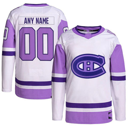 Custom M.Canadiens Hockey Fights Cancer Primegreen Authentic Jersey  White Purple Stitched American Hockey Jerseys CROVYIE