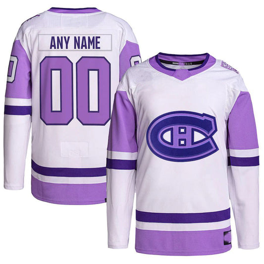 Custom M.Canadiens Hockey Fights Cancer Primegreen Authentic Jersey  White Purple Stitched American Hockey Jerseys CROVYIE
