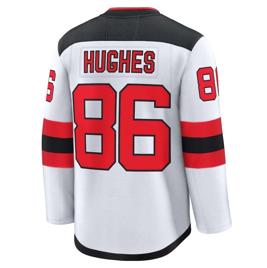 NJ.Devils #86 Jack Hughes Fanatics Away Premium Jersey - White Stitched American Hockey Jerseys CROVYIE
