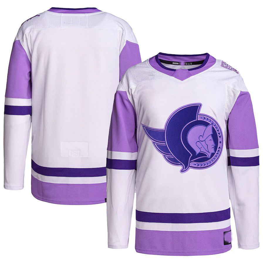 O.Senators Hockey Fights Cancer Primegreen Authentic Blank Practice Jersey White Purple Stitched American Hockey Jerseys CROVYIE