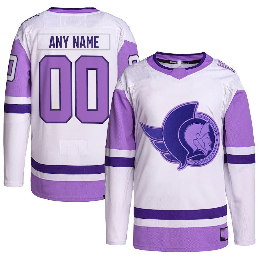 Custom O.Senators Hockey Fights Cancer Primegreen Authentic Jersey White Purple Stitched American Hockey Jerseys CROVYIE