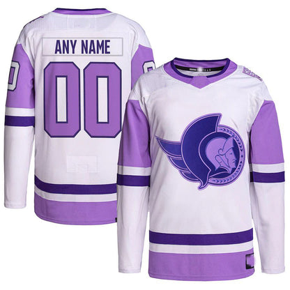 Custom O.Senators Hockey Fights Cancer Primegreen Authentic Jersey White Purple Stitched American Hockey Jerseys CROVYIE