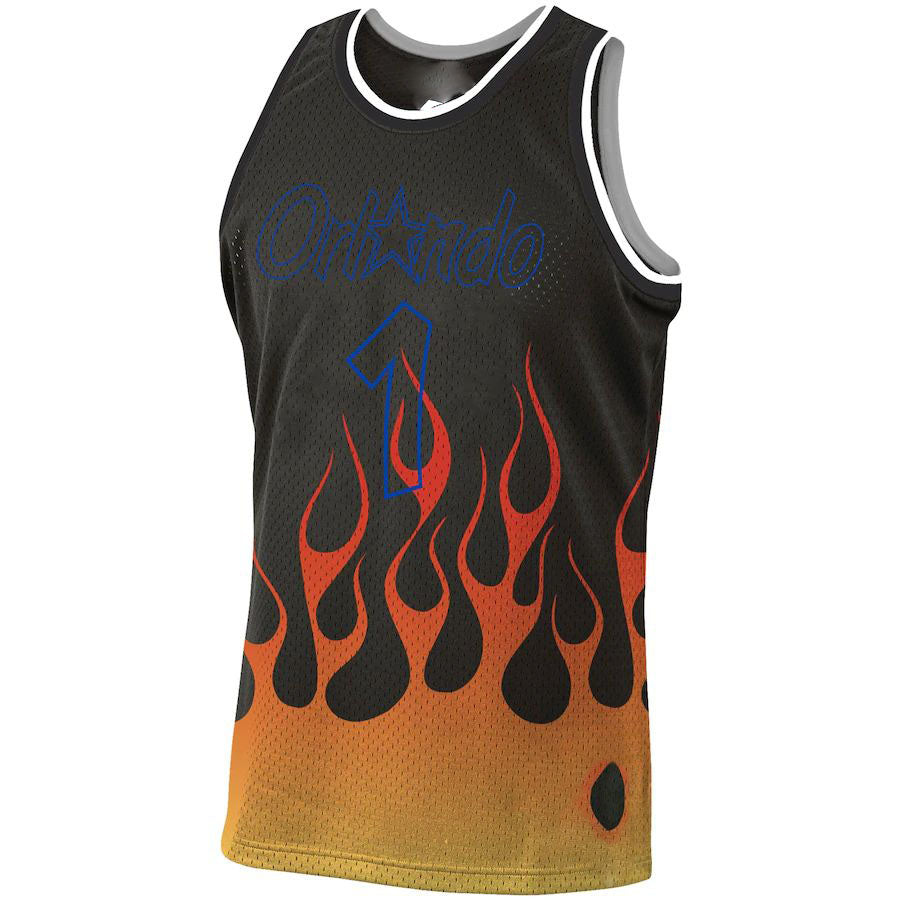 O.Magic #1 Penny Hardaway Mitchell & Ness 1994-95 Hardwood Classics Flames Swingman Jersey Black Stitched American Basketball Jersey