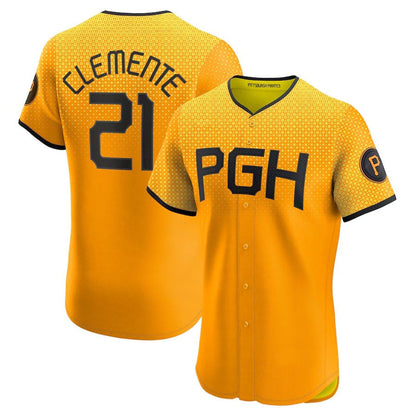 Pittsburgh Pirates #21 Roberto Clemente City Connect Elite Player Jersey - Gold Stitched Baseball Jersey