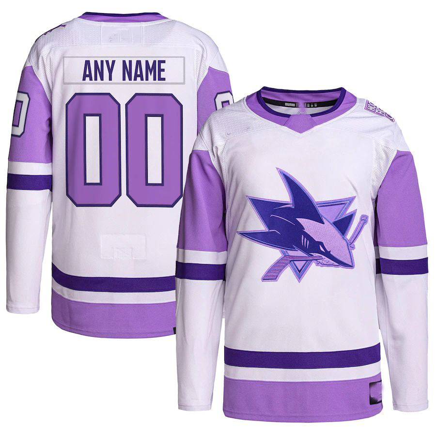 Custom SJ.Sharks Hockey Fights Cancer Primegreen Authentic Jersey White Purple Stitched American Hockey Jerseys CROVYIE