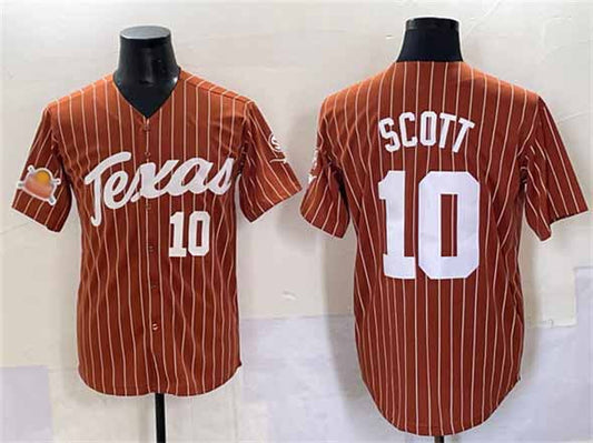 T.Longhorns #10 Mia Scott Orange Pinstripe 2025 Softball National Champions Stitched American College Jerseys