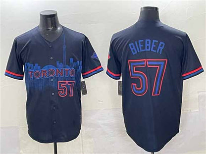Toronto Blue Jays #57 Shane Bieber Navy 2024 City Connect Limited Stitched Baseball Jersey