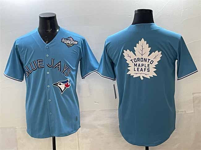 Toronto Blue Jays & Leafs Blue 2025 World Series With White Leafs Logo Cool Base Stitched Baseball Jersey