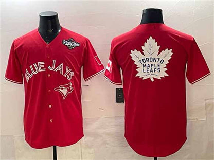 Toronto Blue Jays & Leafs Red 2025 World Series With White Leafs Logo Cool Base Stitched Baseball Jersey