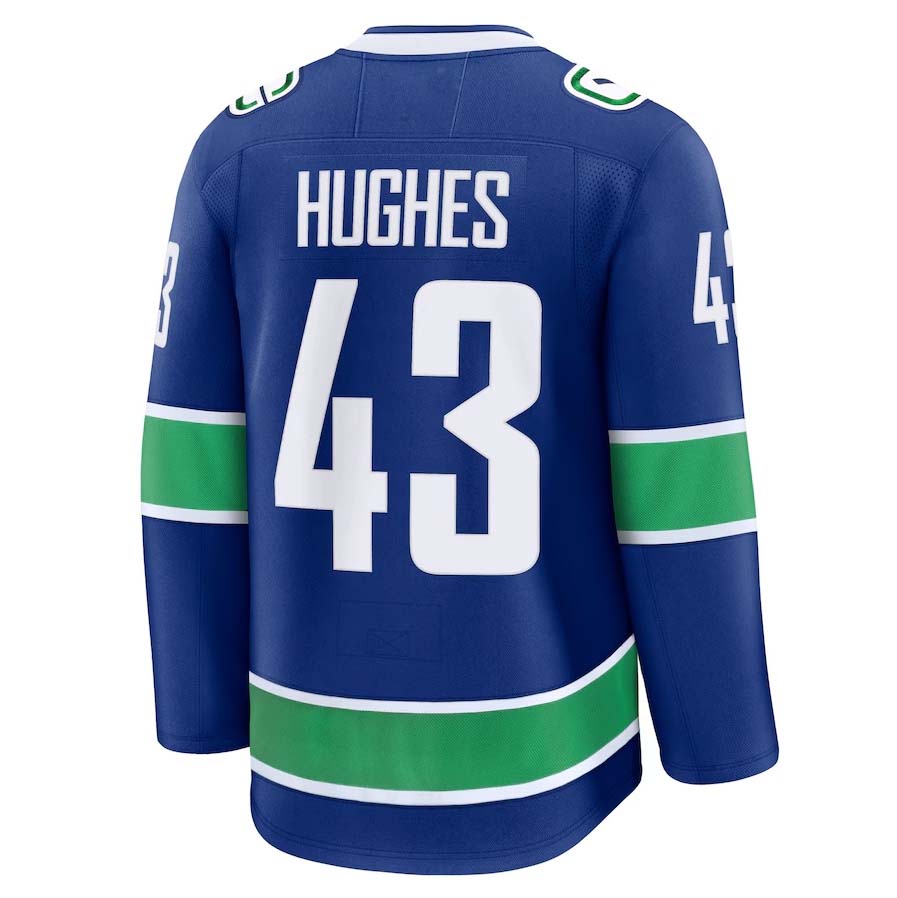 V.Canucks #43 Quinn Hughes Fanatics Home Premium Jersey - Blue Stitched American Hockey Jerseys CROVYIE