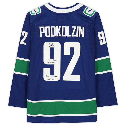 V.Canucks #92 Vasily Podkolzin Fanatics Authentic Autographed Jersey with Multiple Inscriptions Limited Edition of 21 Blue Stitched American Hockey Jerseys CROVYIE